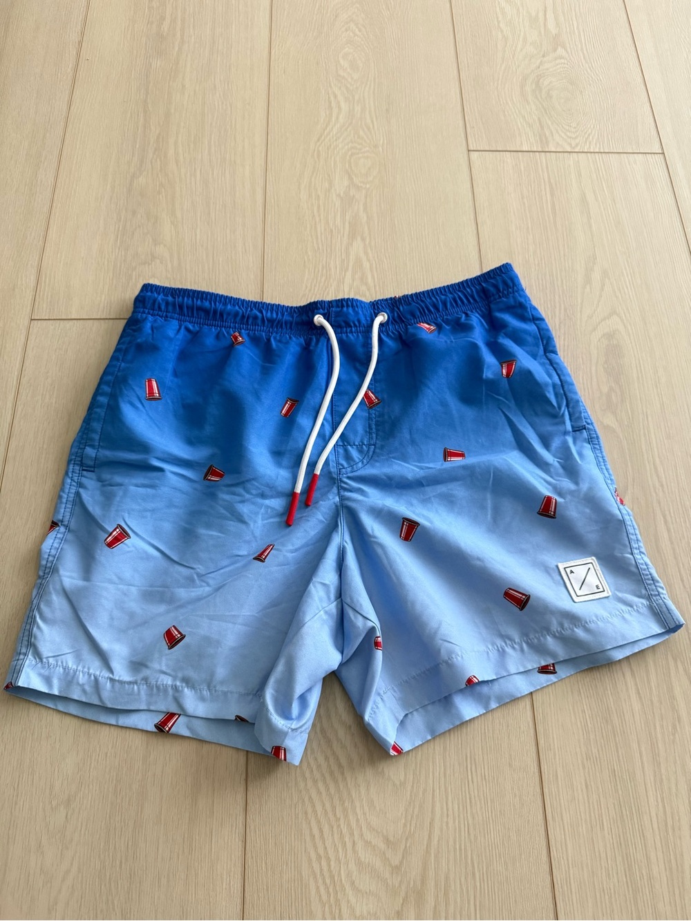 American Eagle Outfitters Blue Ombre Swim Shorts with Red Cup Print